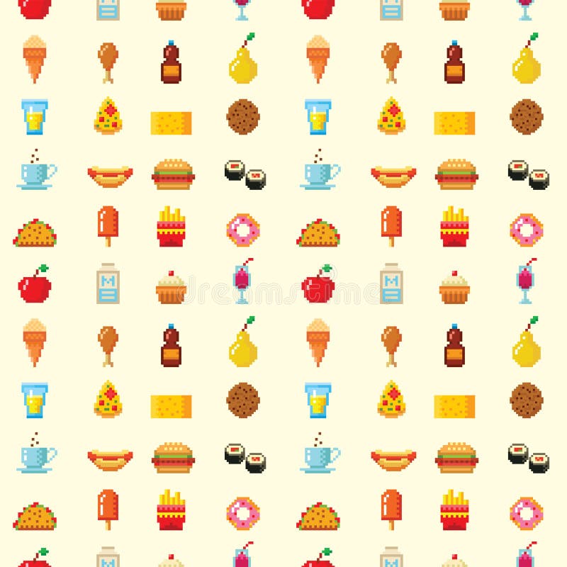 Pixel food icons fruit sweet seamless pattern background vector illustration restaurant pixelated element. Fast food computer design symbol retro game web graphic. Pixel food icons fruit sweet seamless pattern background vector illustration restaurant pixelated element. Fast food computer design symbol retro game web graphic.