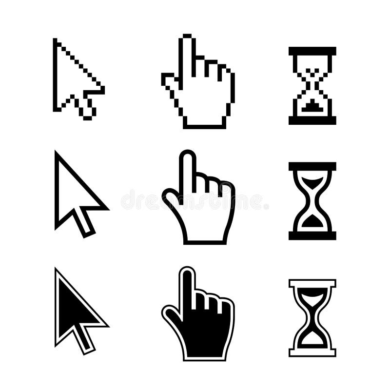 Piksli kursorów ikony. Ręki strzała Hourglass ilustracja wektor Piksli kursorów ikony. Ręki strzała Hourglass ilustracja wektor