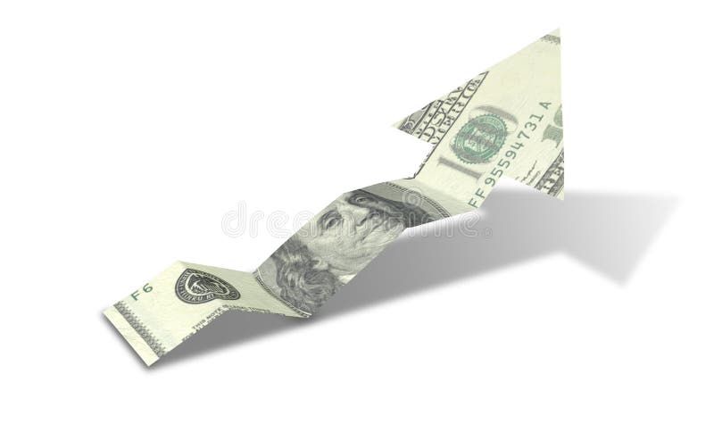 An arrow graph trend shaped 100 dollar bank note showing an economic upward trend on an isolated background. An arrow graph trend shaped 100 dollar bank note showing an economic upward trend on an isolated background