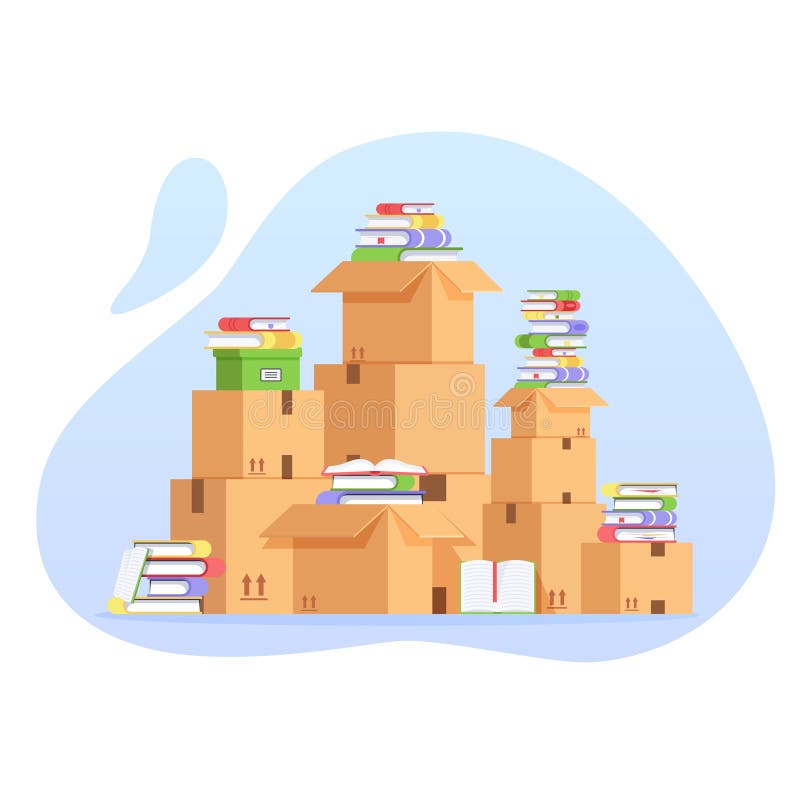 Pile of cardboard boxes and books. Unorganized vector concept. Pile of stacked cardboard boxes. Moving to a new house with books. Pile of cardboard boxes and books. Unorganized vector concept. Pile of stacked cardboard boxes. Moving to a new house with books