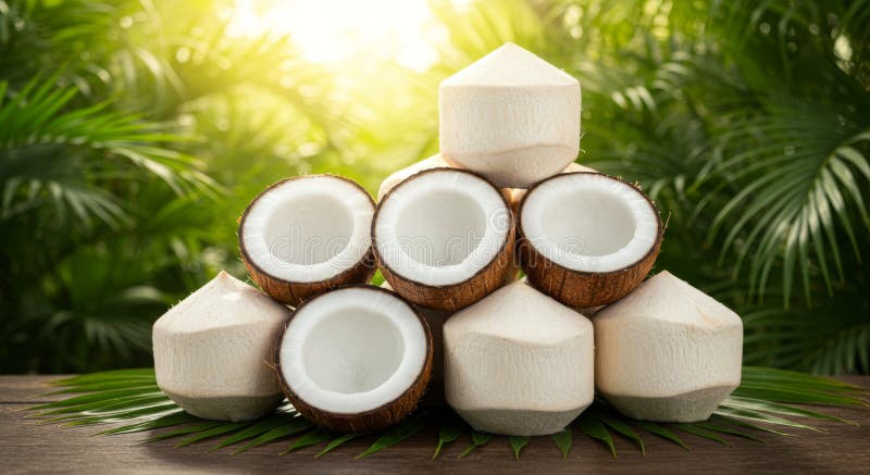 Pila de cocos frescos en un entorno tropical de mesa de madera libre illustration