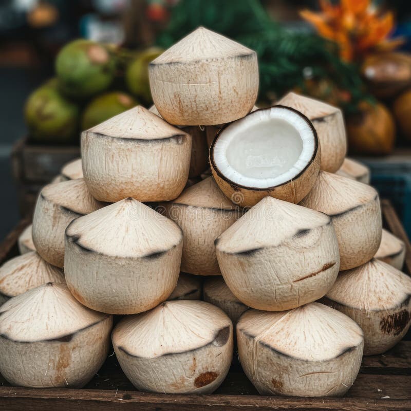 Pila de cocos frescos en un mercado tropical libre illustration
