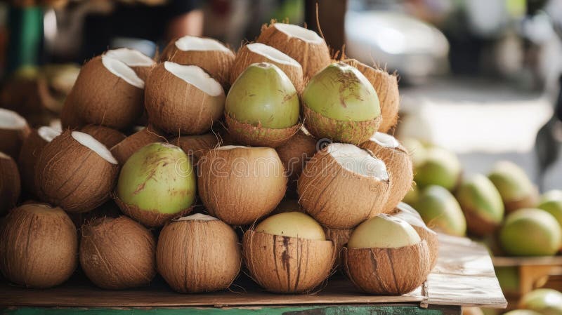 Pila de cocos frescos en un puesto de mercado stock de ilustración