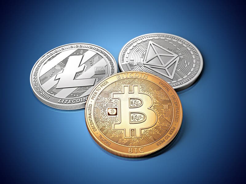 pila de cryptocurrencies: bitcoin, ethereum y litecoin junto libre illustration pila de cryptocurrencies: bitcoin, ethereum y litecoin junto libre illustration