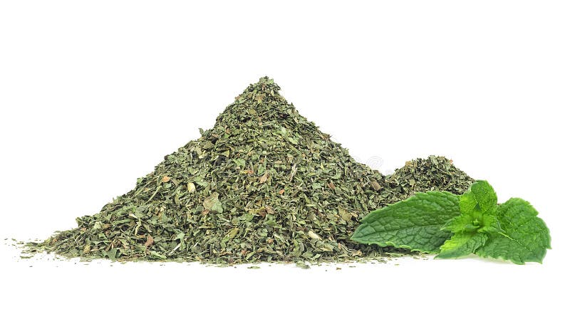 Pila de hojas de menta secas y cortadas y rama de menta fresca aislada en fondo blanco imagenes de archivo