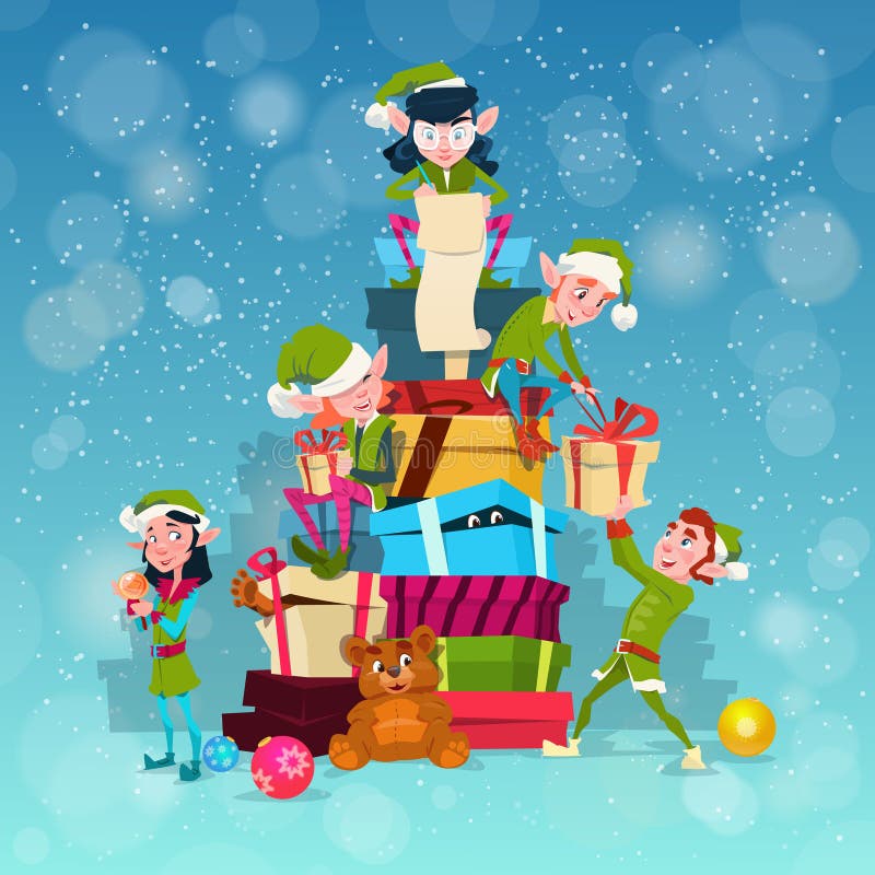 Pila de Santa Helper With Present Box del personaje de dibujos animados del grupo del duende de la Navidad libre illustration