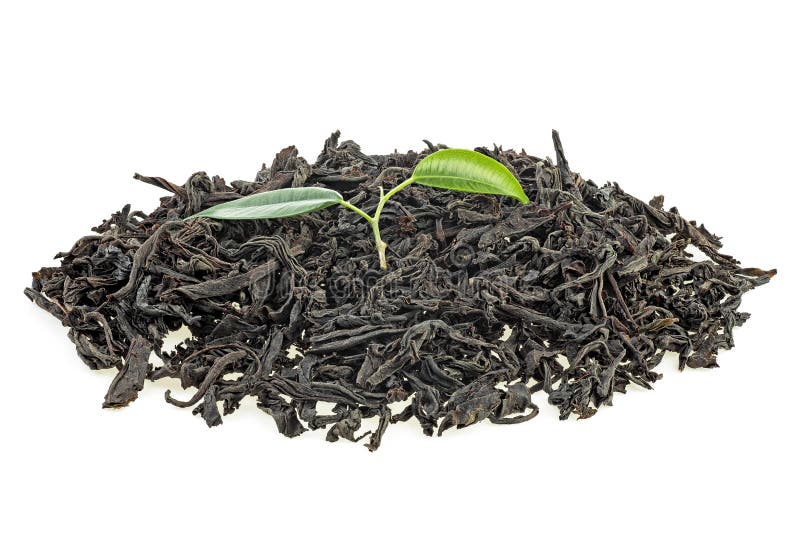 Pila de té negro seco con hojas de té verde fresco aisladas en fondo blanco imagen de archivo libre de regalías