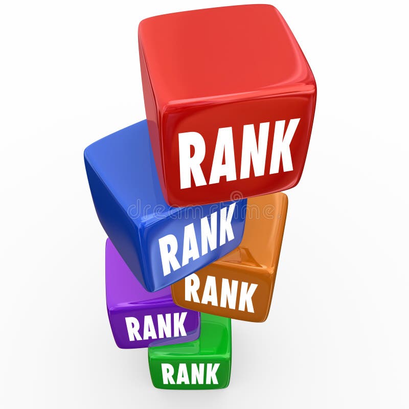 Rank word on cubes or boxes stacked in top five order in search results as favorite positions or placements. Rank word on cubes or boxes stacked in top five order in search results as favorite positions or placements