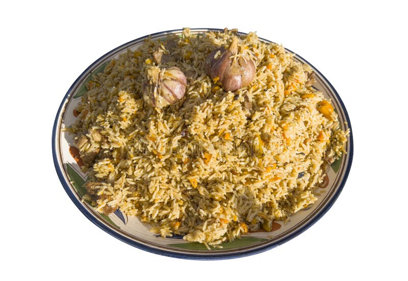 Pilaf with Meat on Plate Isolated on White Background. Uzbek Pilaf