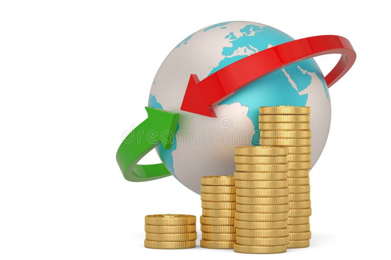 Pilas financieras de la moneda del globo y de oro del concepto aisladas en el ejemplo blanco del fondo 3D libre illustration Pilas financieras de la moneda del globo y de oro del concepto aisladas en el ejemplo blanco del fondo 3D libre illustration