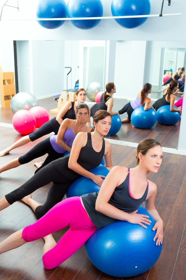 Pilates Aerobic Women Group with Stability Ball Stock Image Image of