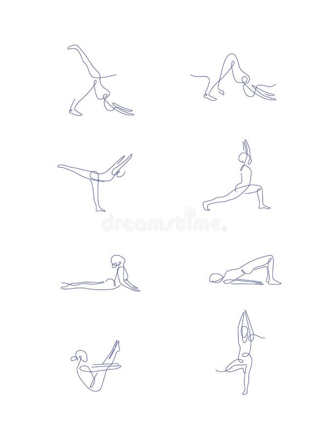Pilates Line Art Poses Set. Outline Vector Illustration. One Line Yoga ...