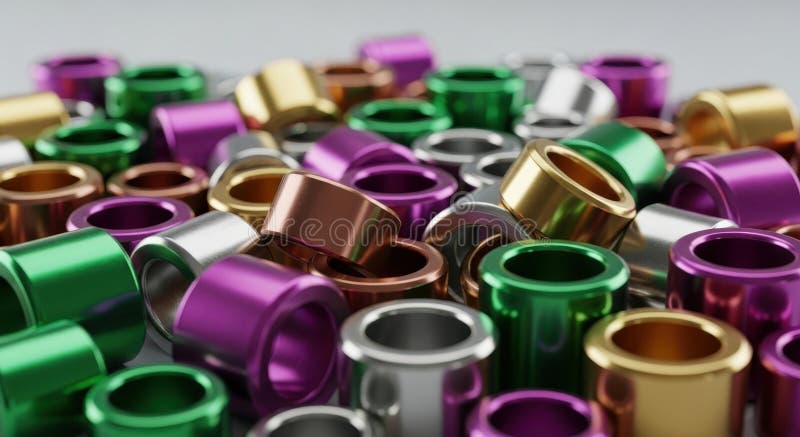 Pile aus farbigen glänzenden Metallringen und zylindrischen Teilen für industrielle Zwecke lizenzfreie abbildung