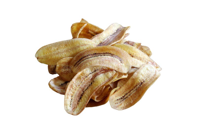 Pile of Banana fried, Banana fried pieces slice thin, Banana pieces many fried on white background stock images