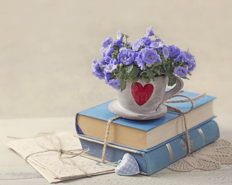 Pile Of Blue Books And Flowers Stock Photo Image of heart, pile 50105900