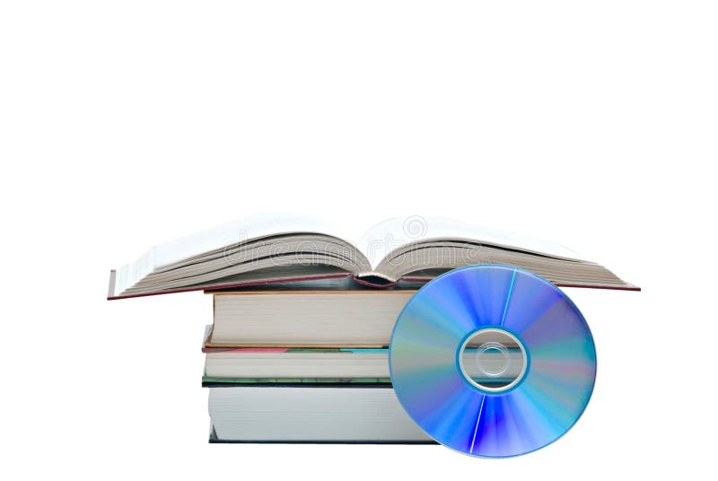 Pile of books, open book, and DVD disk