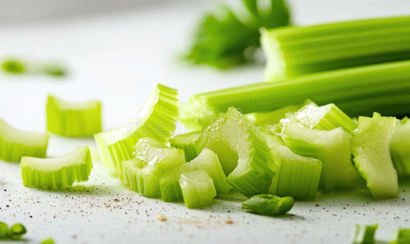 A pile of celery is cut into small pieces the green and has few leaves on it imagem de stock royalty free