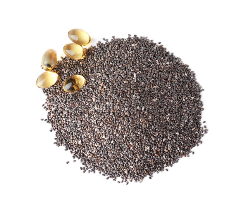 Pile of chia seeds and oil capsules isolated on white