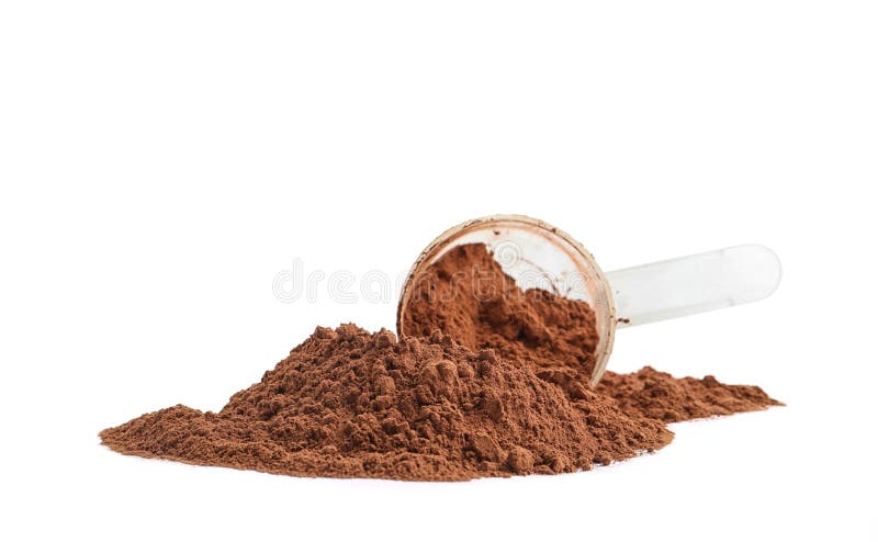 Pile of chocolate protein powder and scoop isolated on white