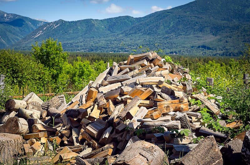 Pile of Chopped Firewood in the Mountain Village on a Summer Day stock photo Pile of Chopped Firewood in the Mountain Village on a Summer Day stock photo