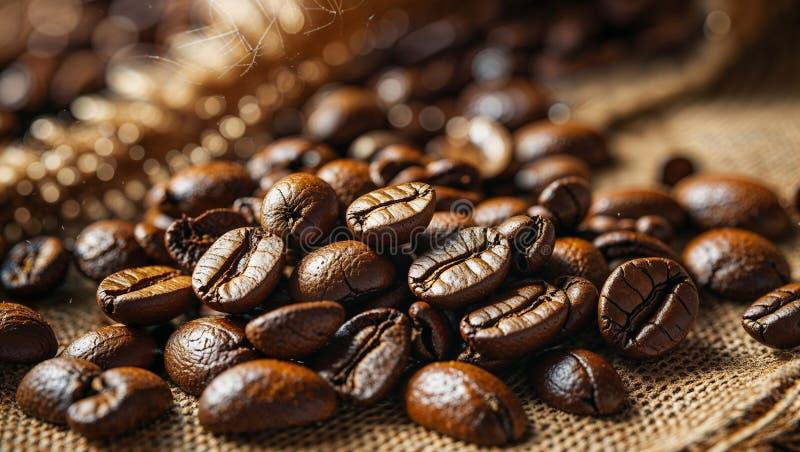 A pile of coffee beans on a cloth. The beans are of different sizes and are spread out royalty free illustration