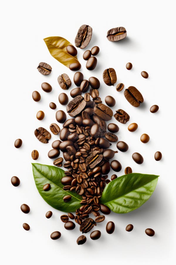 Pile of Coffee Beans and Leaves on White Surface with White Background