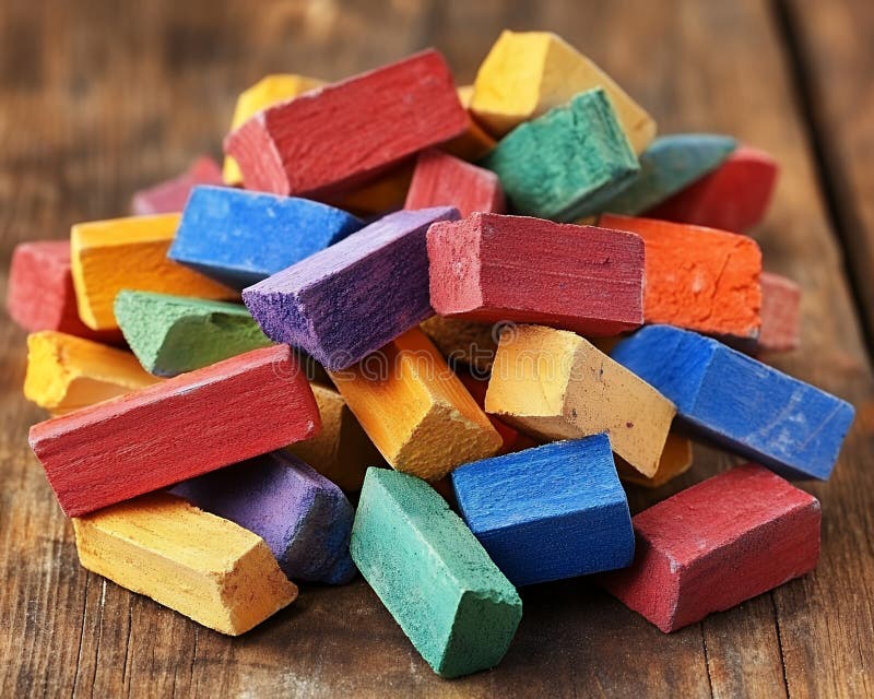 A pile of colorful rectangular chalk pieces scattered on wooden surface in close up studio shot textured table illustrazione vettoriale