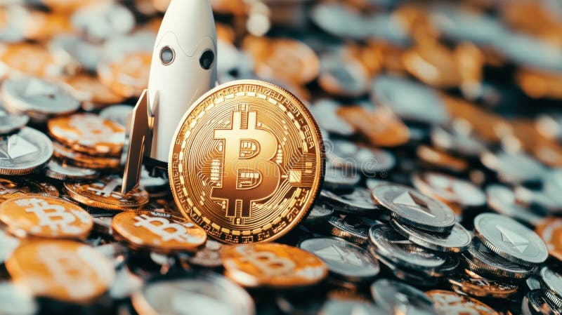 Pile of cryptocurrency tokens with bitcoin and rocket imagery ilustração stock