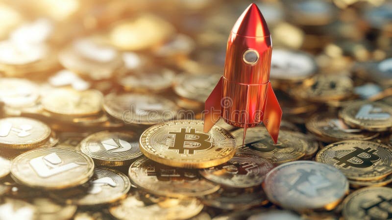 Pile of cryptocurrency tokens with bitcoin and rocket imagery ilustração royalty free