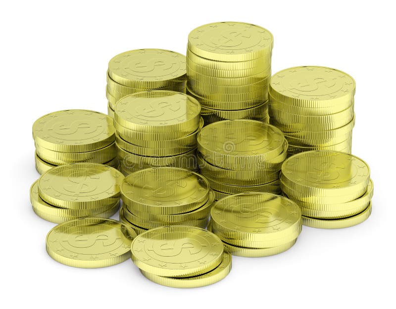 Pile de pièces de monnaie du dollar d'or d'isolement sur la vue blanche et diagonale illustration stock Pile de pièces de monnaie du dollar d'or d'isolement sur la vue blanche et diagonale illustration stock