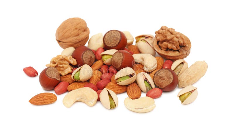 Pile from different nuts on white background