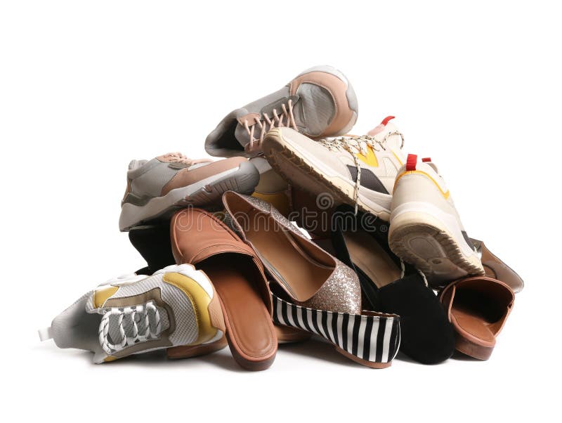 Pile of Different Shoes on White Stock Photo - Image of sale, pile ...