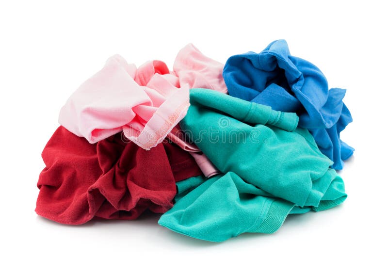 Pile of dirty cloth laundry on white background. stock photo