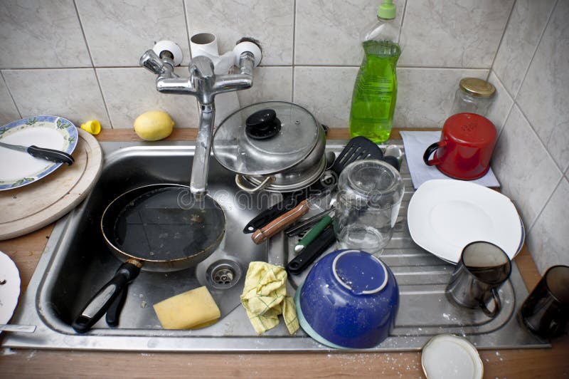 Pile of Dirty Dishes in the Metal Sink Stock Photo - Image of unclean ...