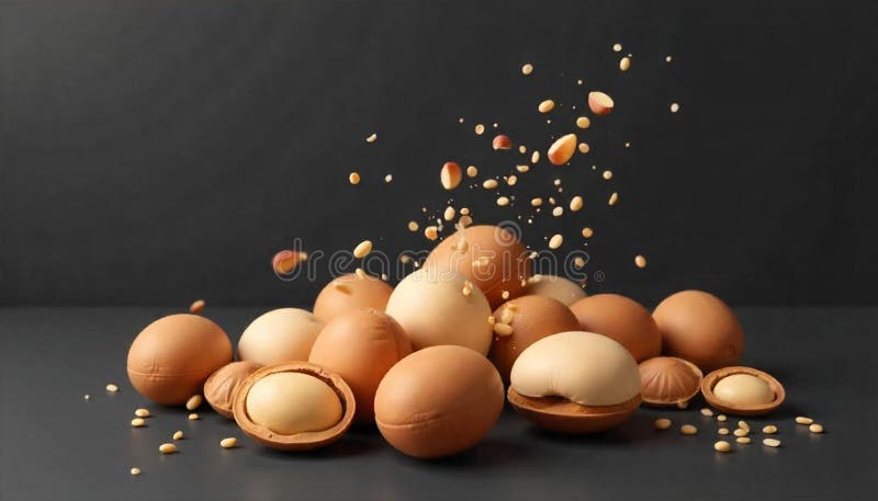 Pile of eggs and macadamia nuts with falling granules royalty free illustration