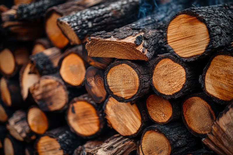 Pile of firewood logs burning, creating cozy warmth during cold winter days stock photos