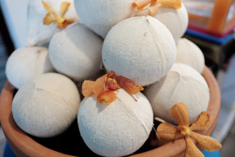A pile of fresh coconut in a brown box and selling in street food market in Thailand stock images A pile of fresh coconut in a brown box and selling in street food market in Thailand stock images
