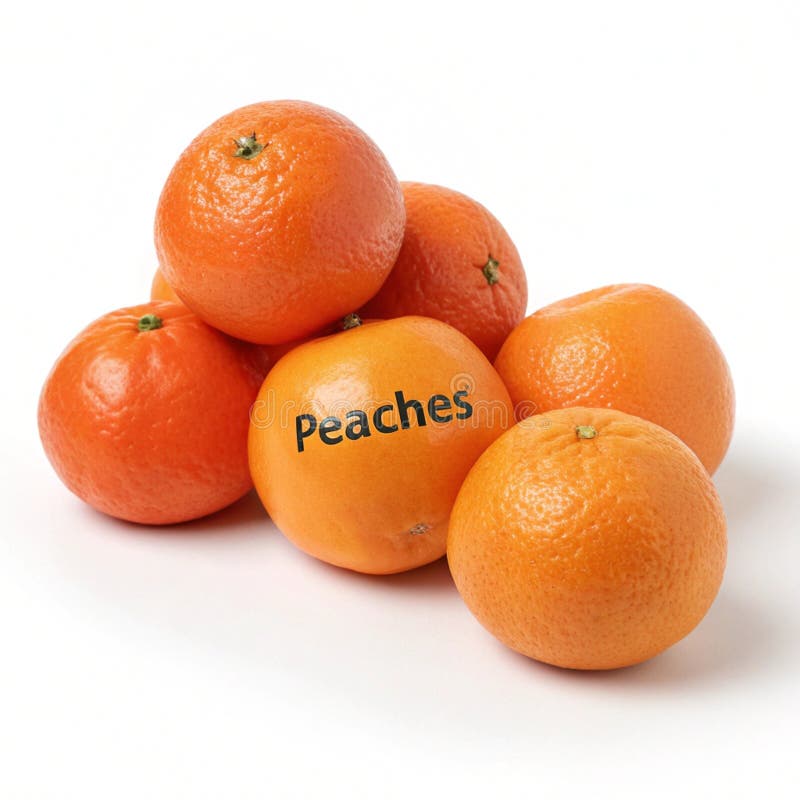 Pile of oranges with one labeled \'peaches\' isolated on white background vector illustration
