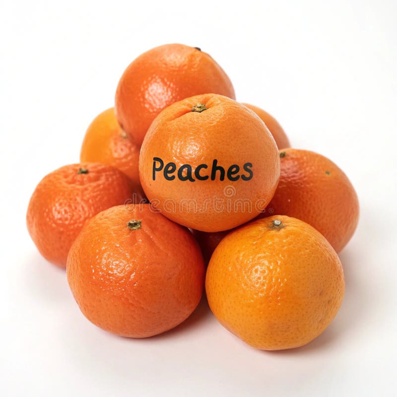 Pile of oranges with one labeled \'peaches\' isolated on white background vector illustration