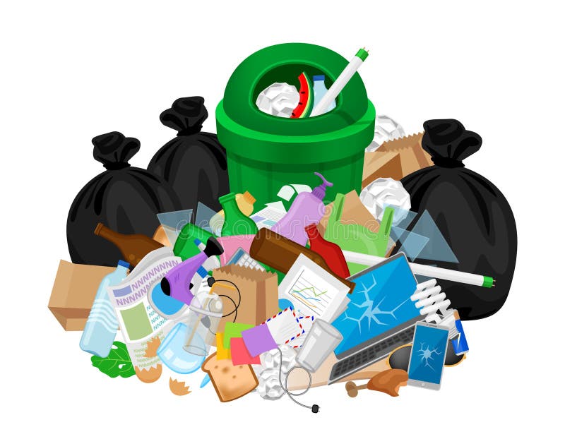 Pile of garbage waste and bag plastic at green recycle bin isolated on white, plastic garbage waste many, plastic waste dump and