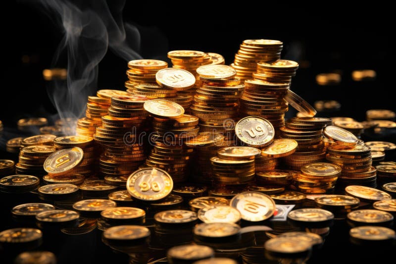 A pile of gold coins sitting on top of each other. Generative AI. Cyber security to protect cryptocurrency. royalty free stock images