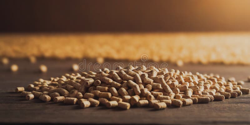 Pile of Light Brown Zylindrische Pellets auf einer dunklen Holzfläche lizenzfreie abbildung