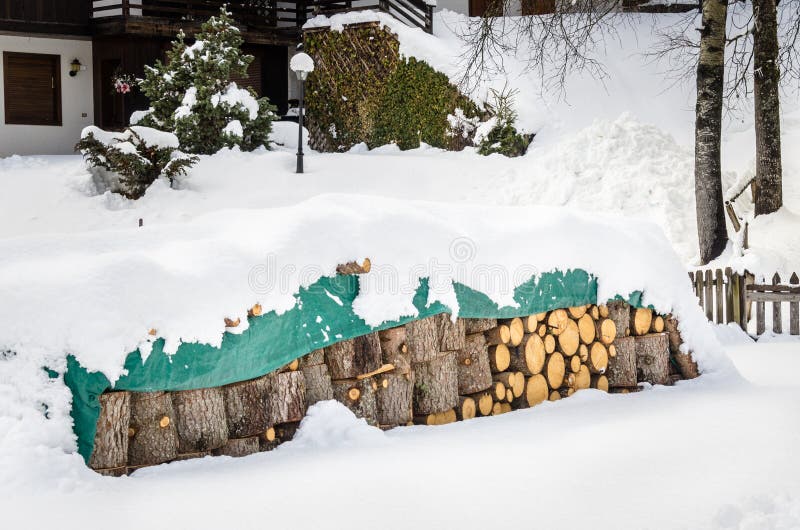 Pile Logs Covered in Snow stock image