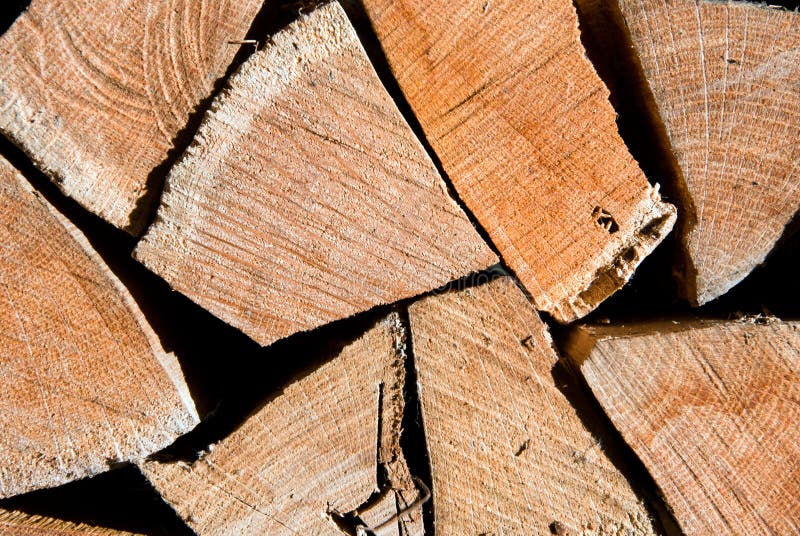 Pile of oak wooden logs stacked for firewood