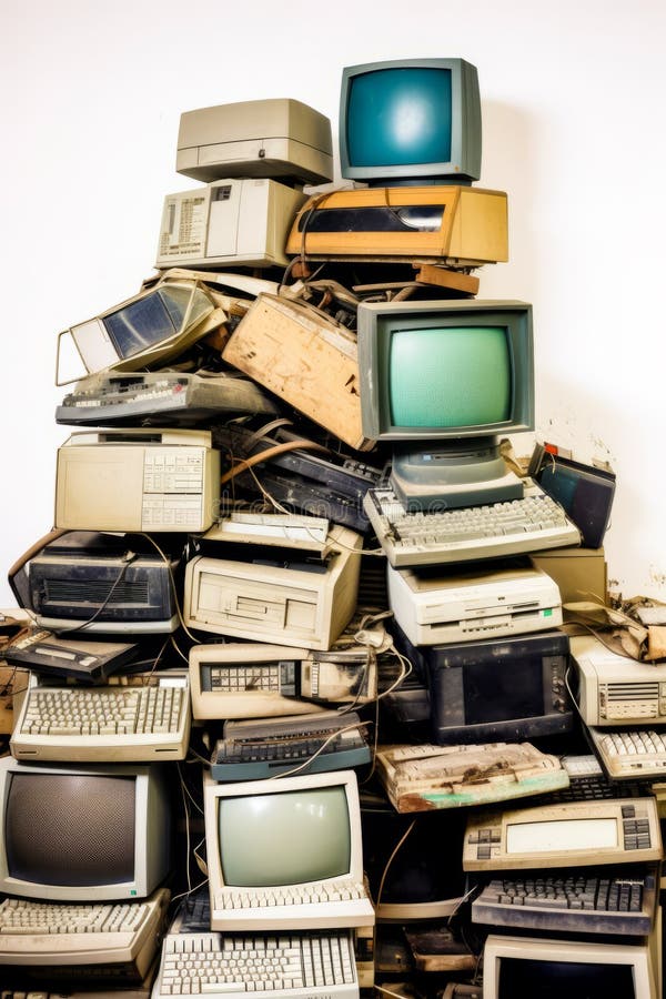 Pile of old computers and televisions stacked on top of each other. Generative AI. Old computer keyboard cpu monitor illustrations