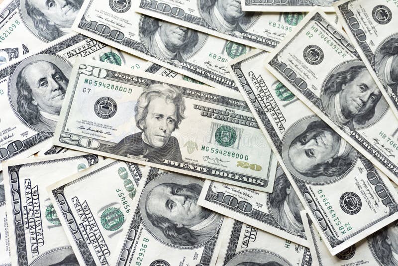 Pile of old one hundred dollar bills bills, close up dollars stock photography