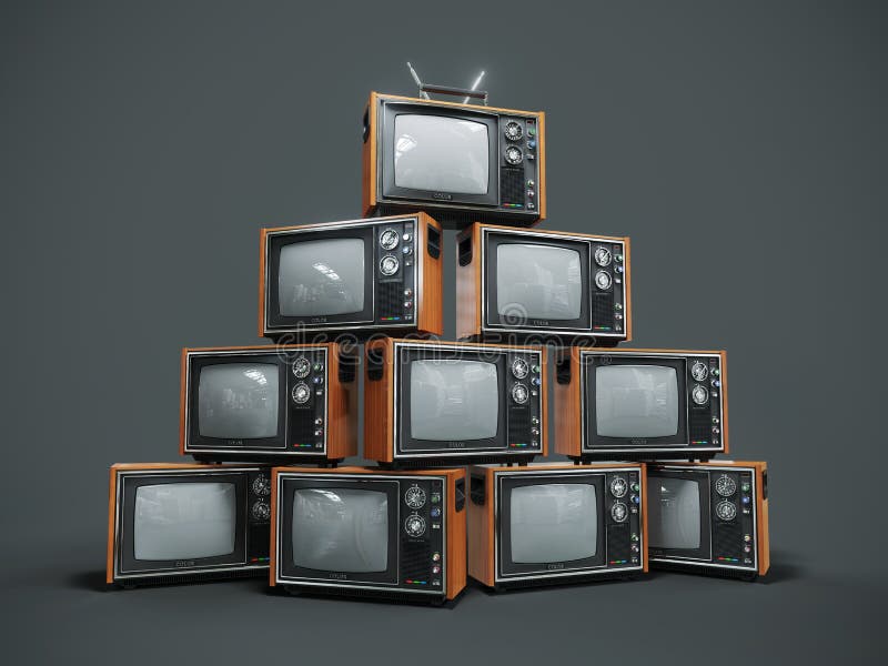 Pile of Old Retro TVs on Dark Background Stock Illustration