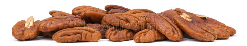 Pile Pecans nut macro isolated on white background. Heap shelled Pecan nuts banner closeup