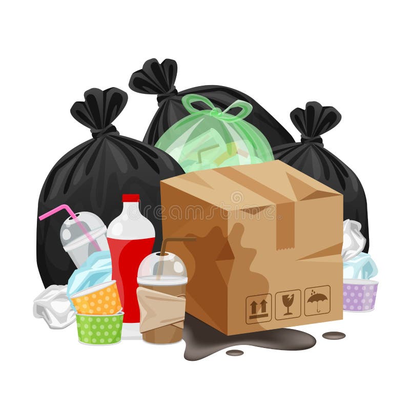 Pile of plastic waste dump and paper crate boxes isolated on white background, bags plastic and bottle garbage waste, plastic royalty free illustration