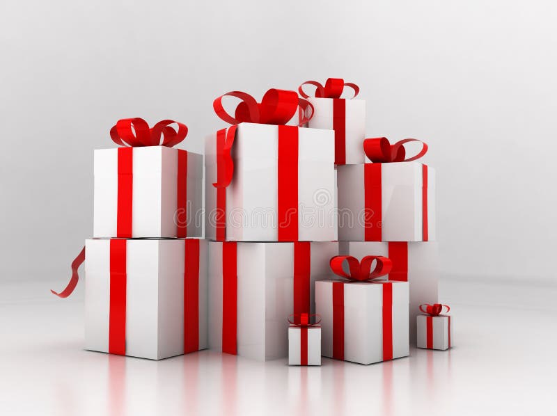 Pile of presents decorated with red ribbons and bows, white studio background. Pile boxes illustrations